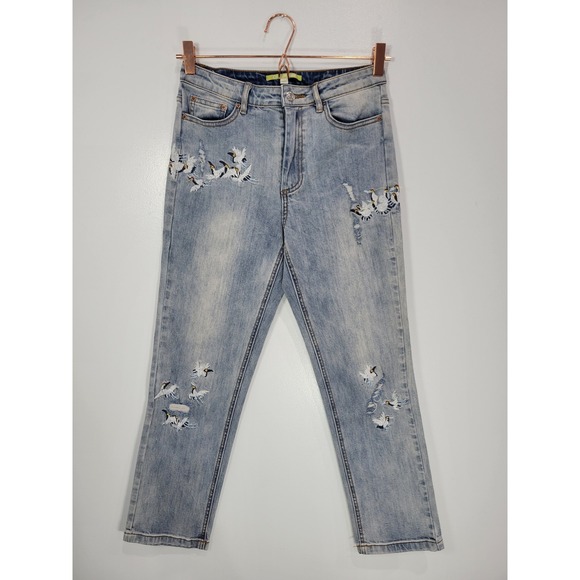 Gianni Bini Denim - Gianni Bini Womens Embroidered Bird Distressed Light Wash Straight Leg Jeans S